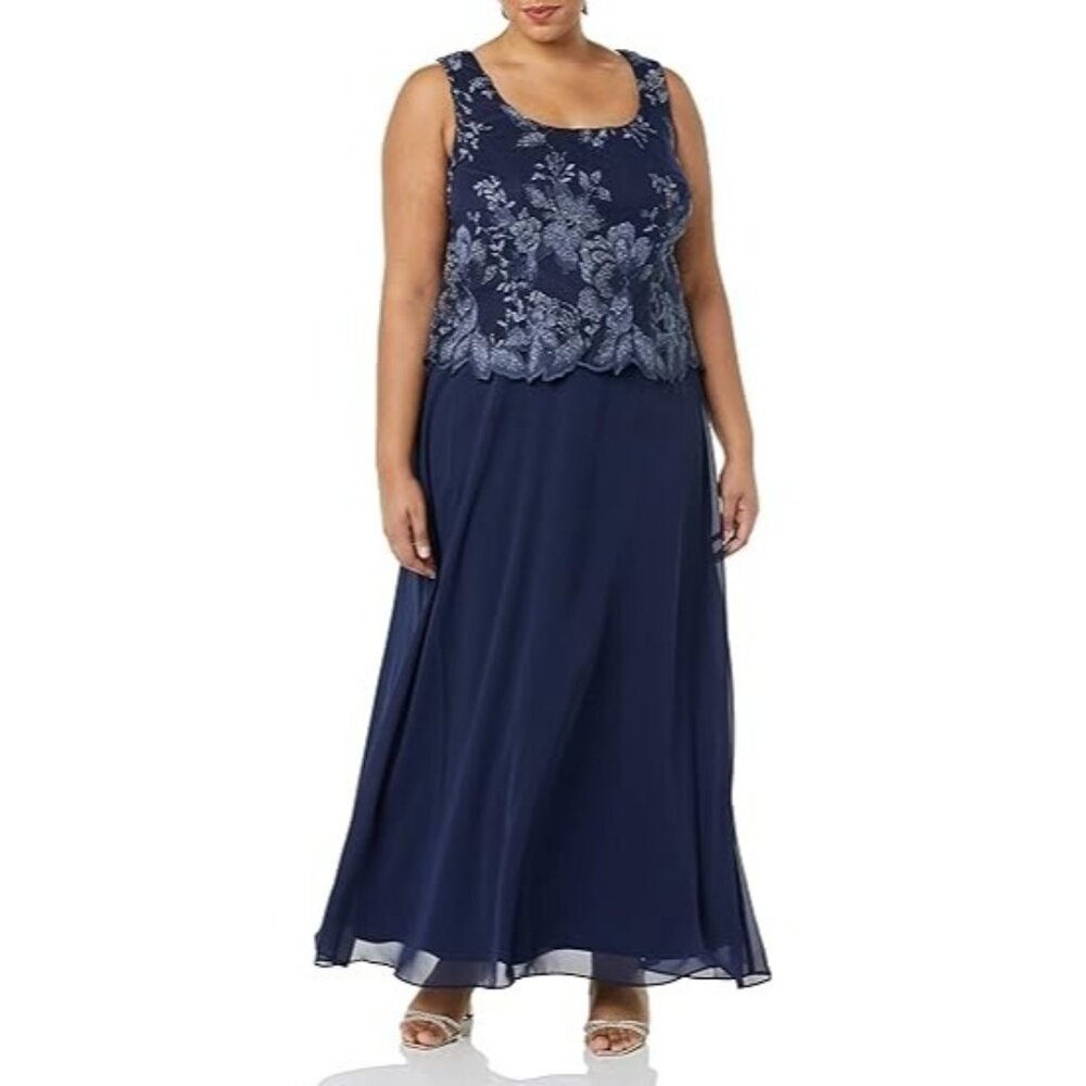 Alex Evenings Plus Size Embroidered Floral Navy Blue 2 piece Dress Size 18W - Picture 7 of 8